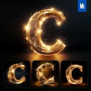 Midjourney Prompt C Letter Golden Sparkling Lighting Material 3D