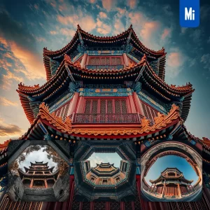 Midjourney Prompt Chinese Ancient Architectural Tower Low-angle Photography