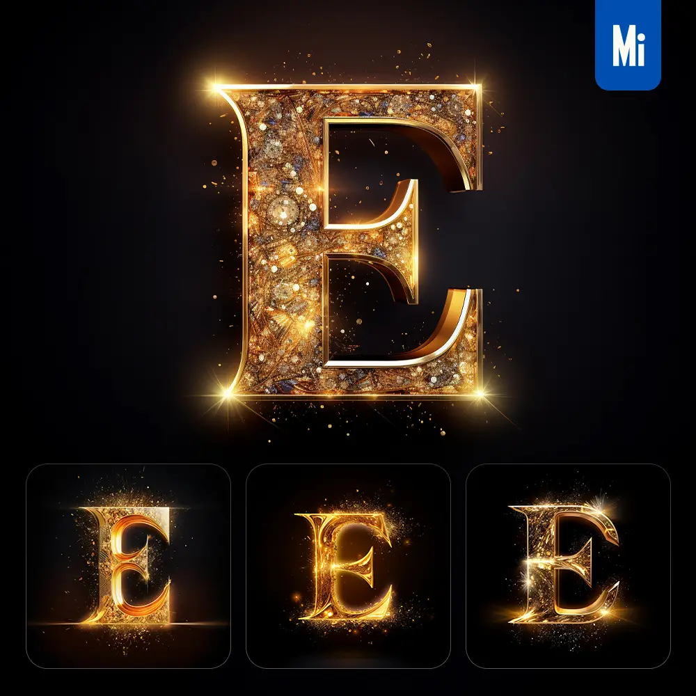 Midjourney Prompt E Letter Golden Sparkling Lighting Material 3D