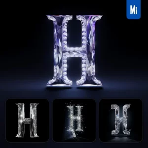 Midjourney Prompt H Letter Glass Crystal 3D Transparent