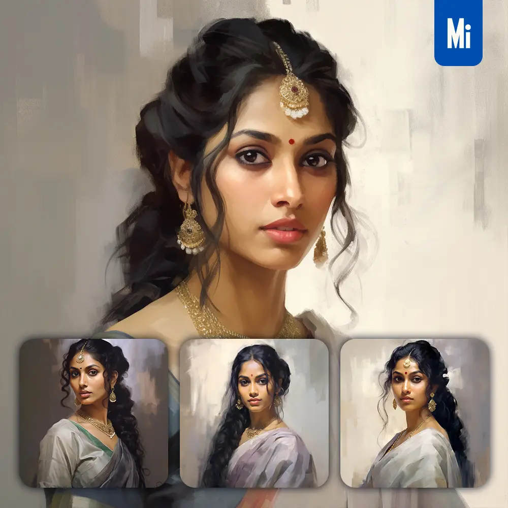 Midjourney Prompt Indian Sari Lady Girl Woman Portrait Oil Painting
