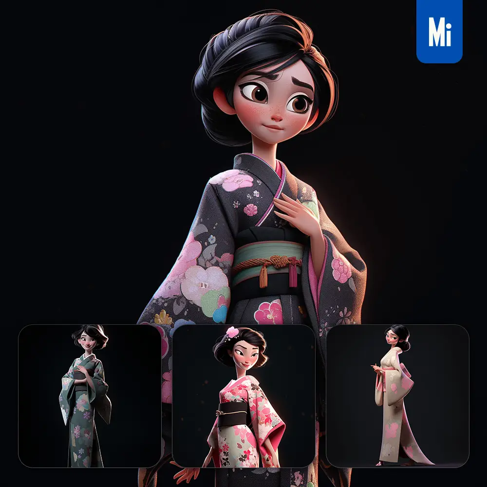 Midjourney Prompt Japanese Beautiful Lady Kimono Woman Girl Cute 3D Cartoon IP Character C4D Animation