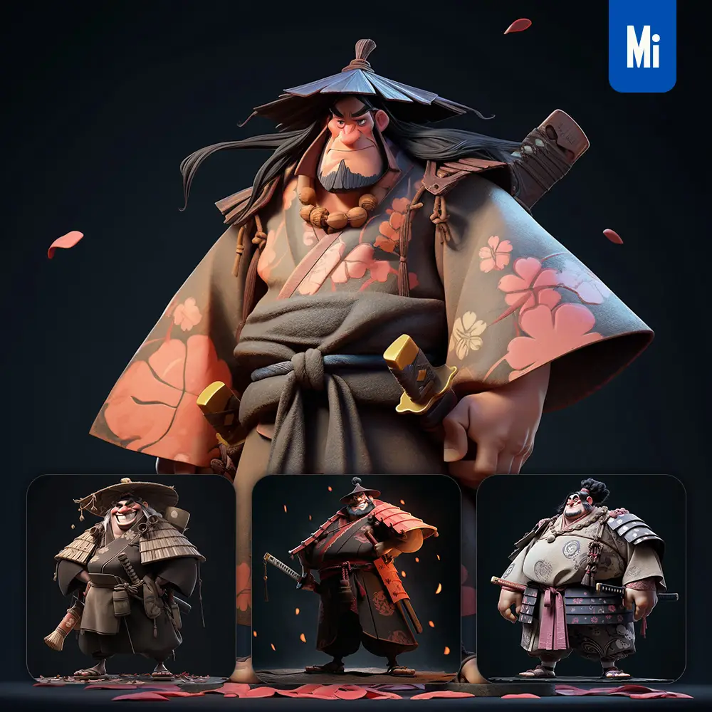 Midjourney Prompt Japanese Man Samurai Cute 3D Cartoon IP Character C4D Animation