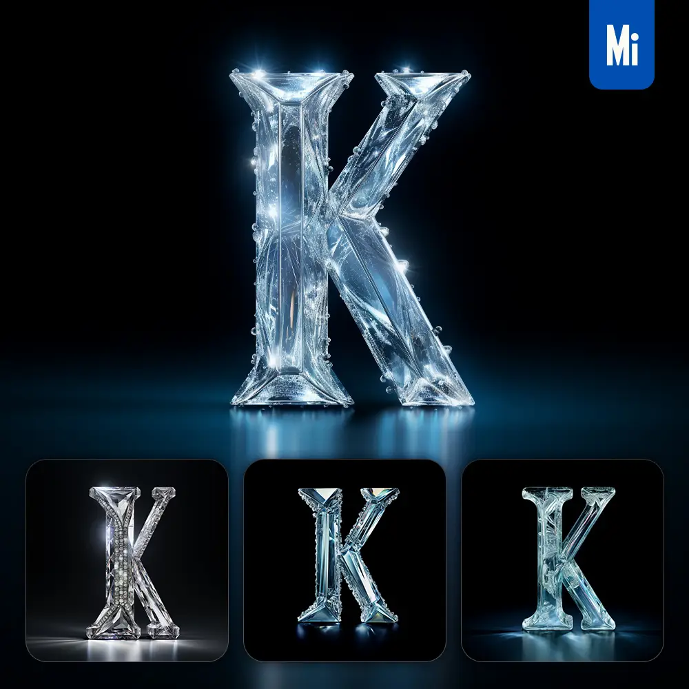 Midjourney Prompt K Letter Glass Crystal 3D Transparent