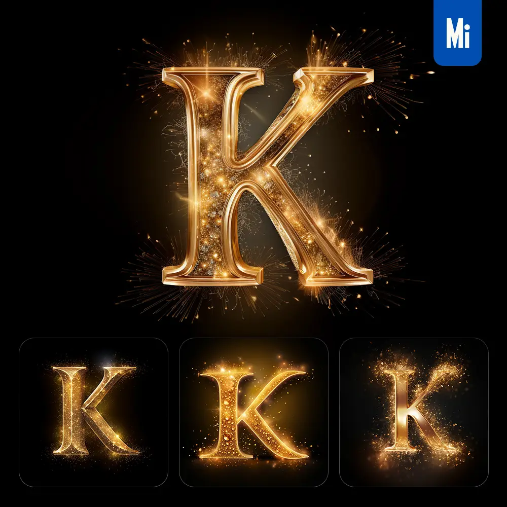 Midjourney Prompt K Letter Golden Sparkling Lighting Material 3D