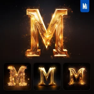 Midjourney Prompt M Letter Golden Sparkling Lighting Material 3D