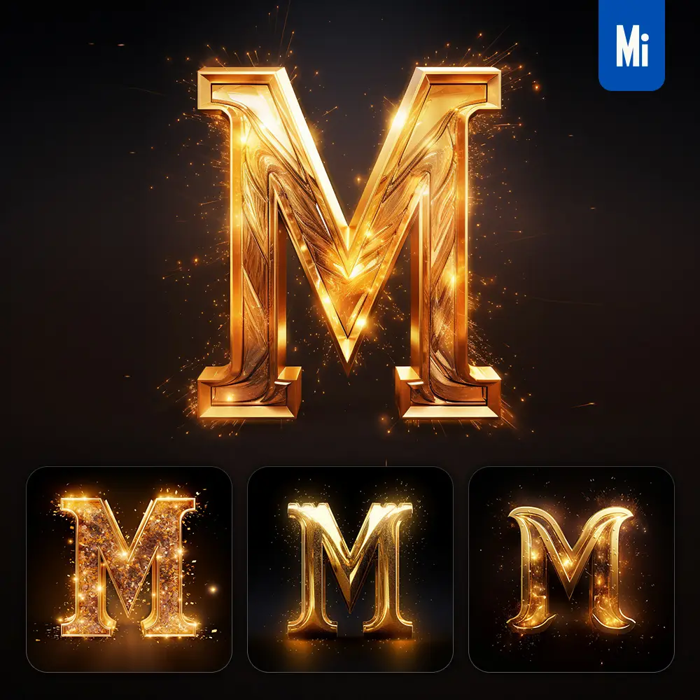 Midjourney Prompt M Letter Golden Sparkling Lighting Material 3D