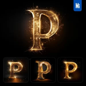 Midjourney Prompt P Letter Golden Sparkling Lighting Material 3D