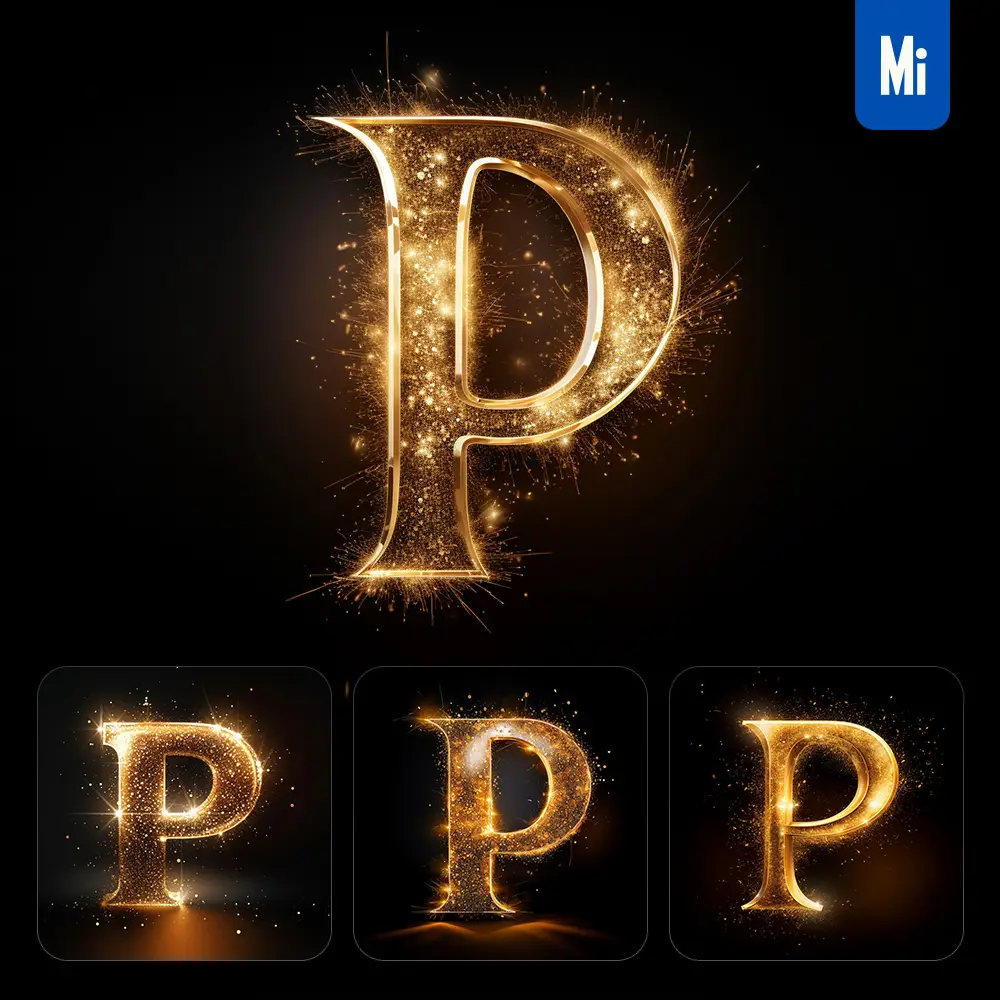 Midjourney Prompt P Letter Golden Sparkling Lighting Material 3D