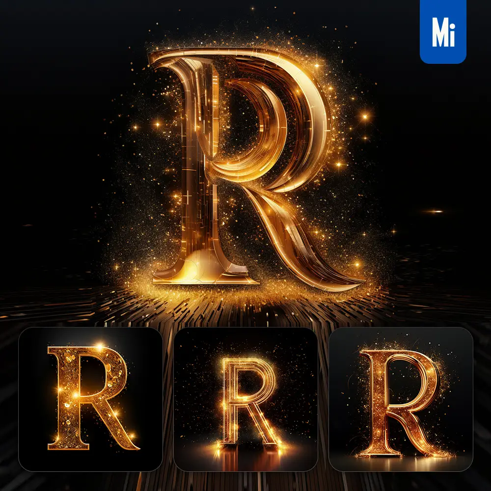 Midjourney Prompt R Letter Golden Sparkling Lighting Material 3D