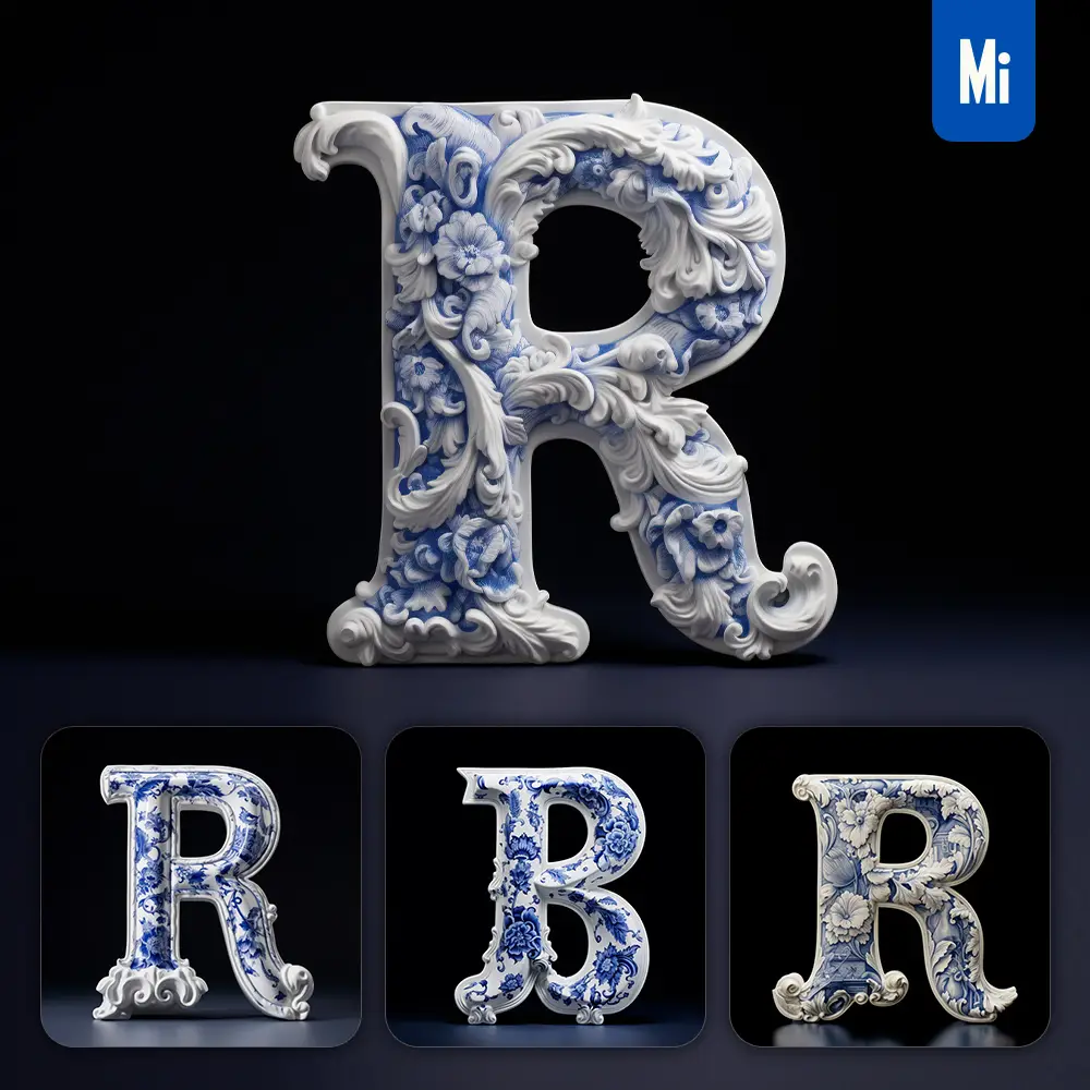 Midjourney Prompt R Letter Porcelain Blue Chinese China Pattern 3D