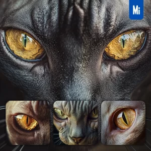 Midjourney Prompt Sphynx Cat Eyes Head Straight Face Detailed Close Up Photography