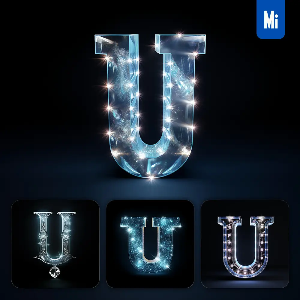 Midjourney Prompt U Letter Glass Crystal 3D Transparent
