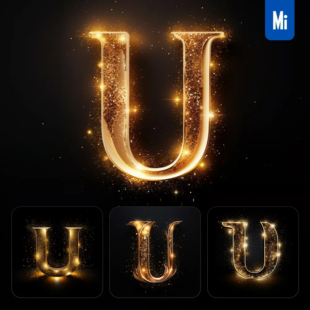 Midjourney Prompt U Letter Golden Sparkling Lighting Material 3D
