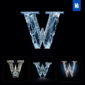Midjourney Prompt W Letter Glass Crystal 3D Transparent