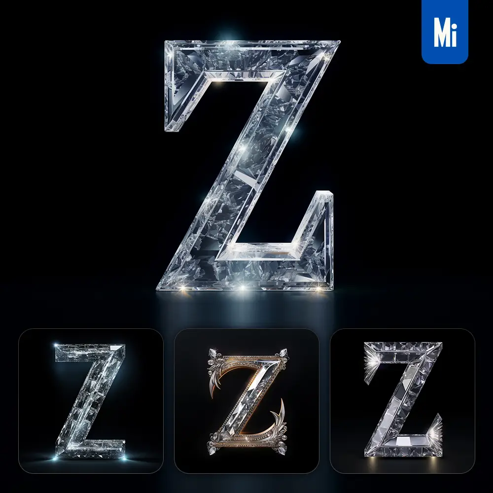 Midjourney Prompt Z Letter Glass Crystal 3D Transparent