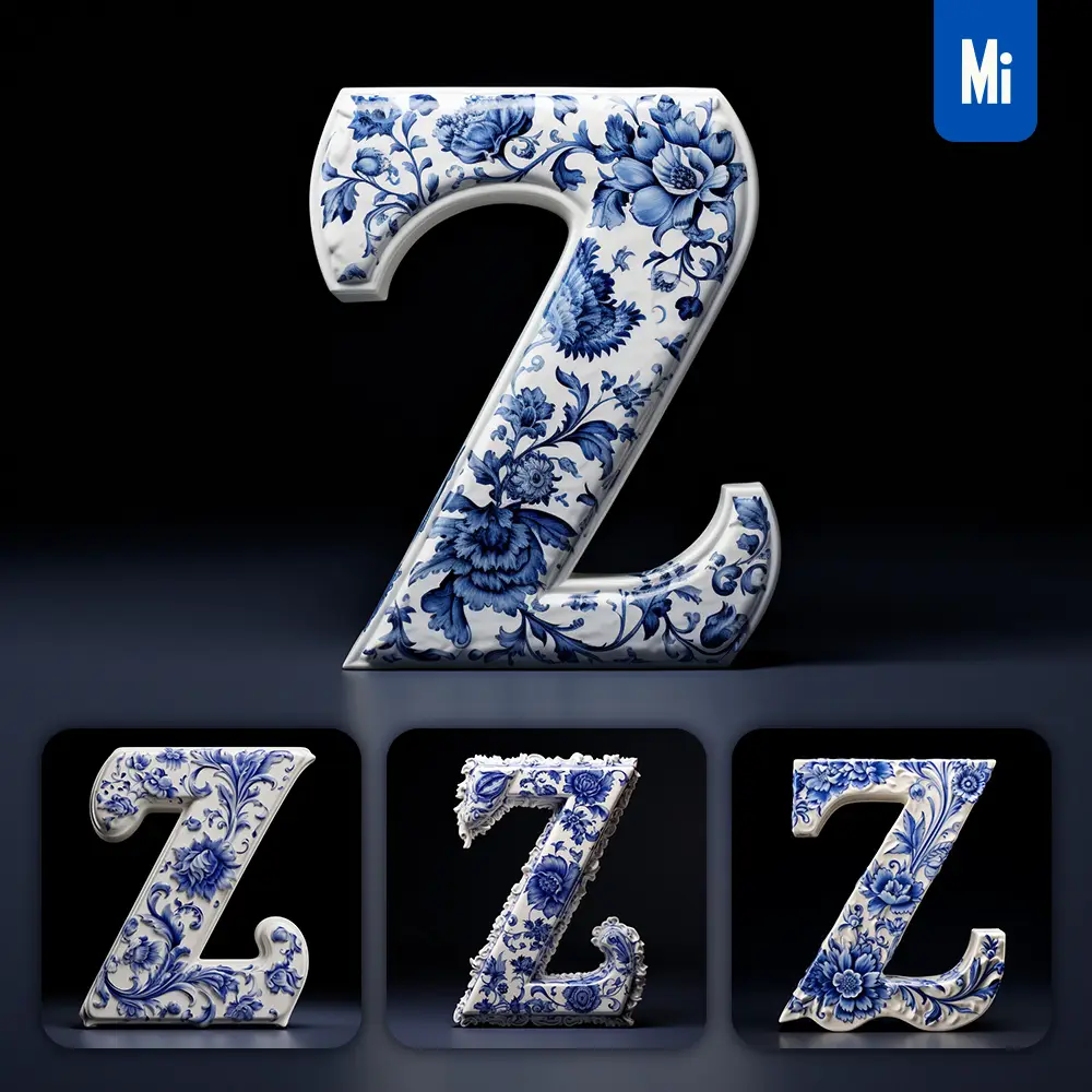 Midjourney Prompt Z Letter Porcelain Blue Chinese China Pattern 3D