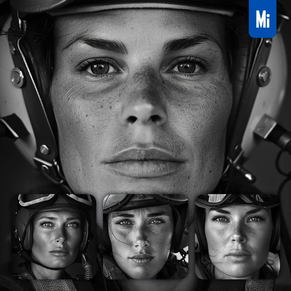 Midjourney Prompt Air Force Pilot Woman Female Face Head Portrait Black and White Photography