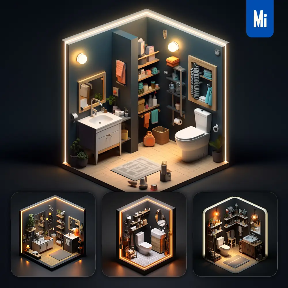 Midjourney Prompt Bathroom Toilet Indoor Home Scene Space 3D Isometric Model