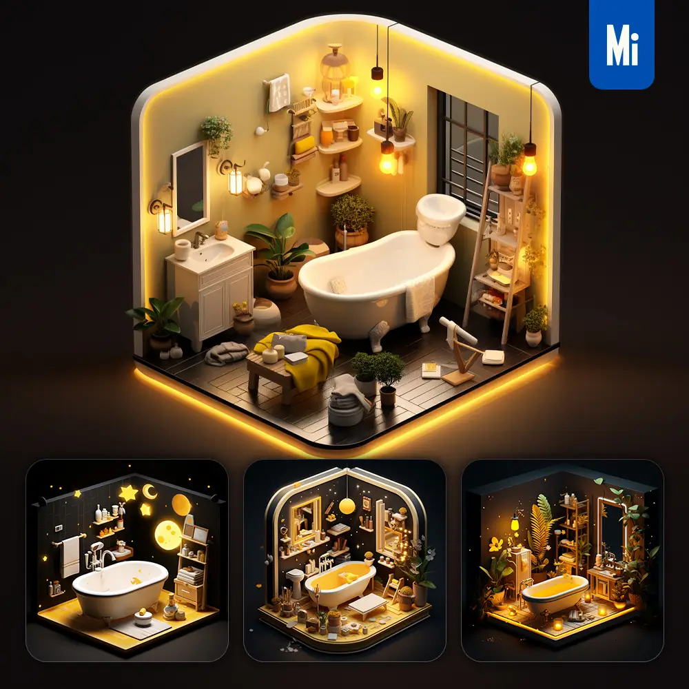Midjourney Prompt Bathroom Washroom Bathtub Indoor Home Scene Space 3D Isometric Model