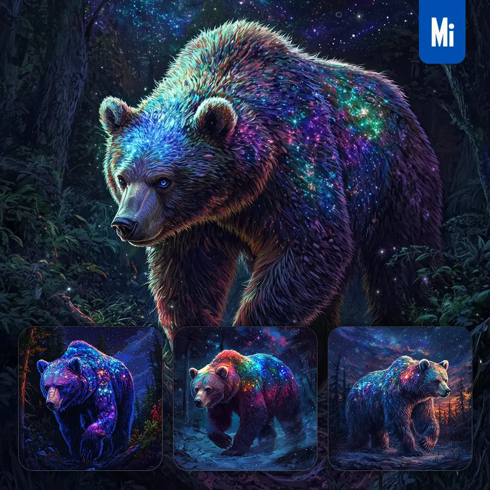 Midjourney Prompt Bear Night Enchanted Forest Starry Sky Illustration Painting