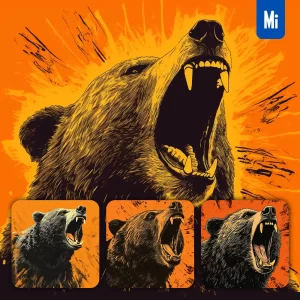 Midjourney Prompt Bear Woodprint Screaming Shout Black Orange Woodcut Print Engraving