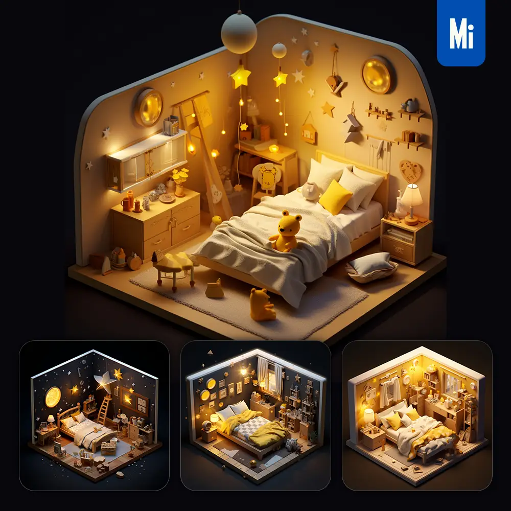 Midjourney Prompt Bedroom Indoor Home Scene Space 3D Isometric Model
