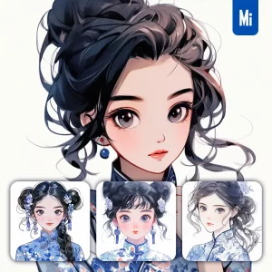 Midjourney Prompt Blue Chinese Girl Woman Cheongsam Portrait Cartoon Illustration