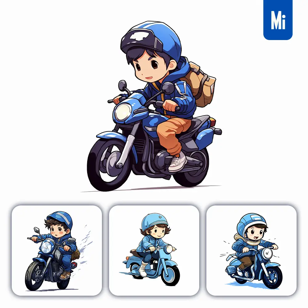 Midjourney Prompt Blue Boy Man Ride Motorbike Motorcycle Cartoon Illustration Drawing