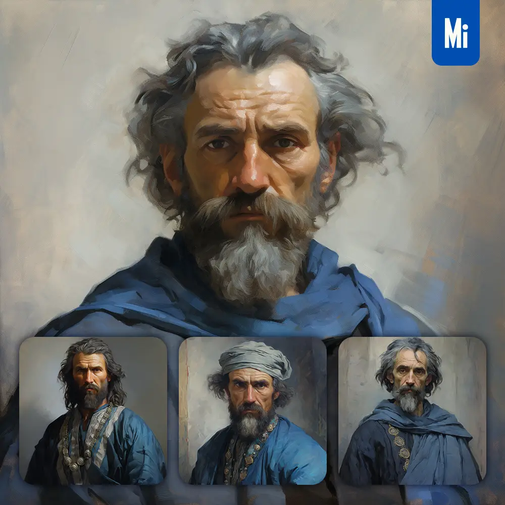 Midjourney Prompt Blue Merchant Renaissance Medieval Primitive Portrait Oil Painting