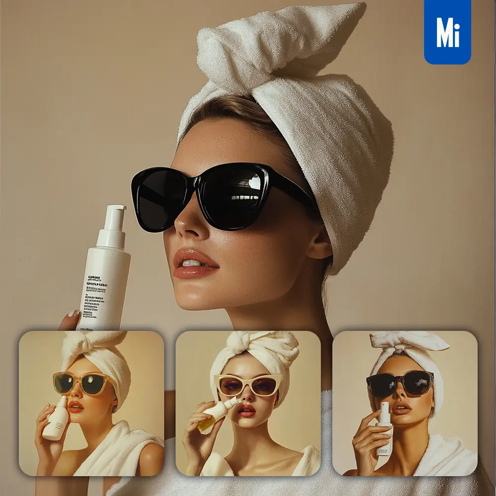 Midjourney Prompt Bottle Bath Wash Lotion White Girl Woman Sunglasses Model Scouring Bath Portrait Fashion Photography