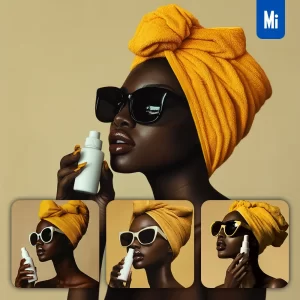 Midjourney Prompt Bottle Bath Wash Lotion Yellow African Girl Woman Sunglasses Model Scouring Bath Portrait Fashion Photography
