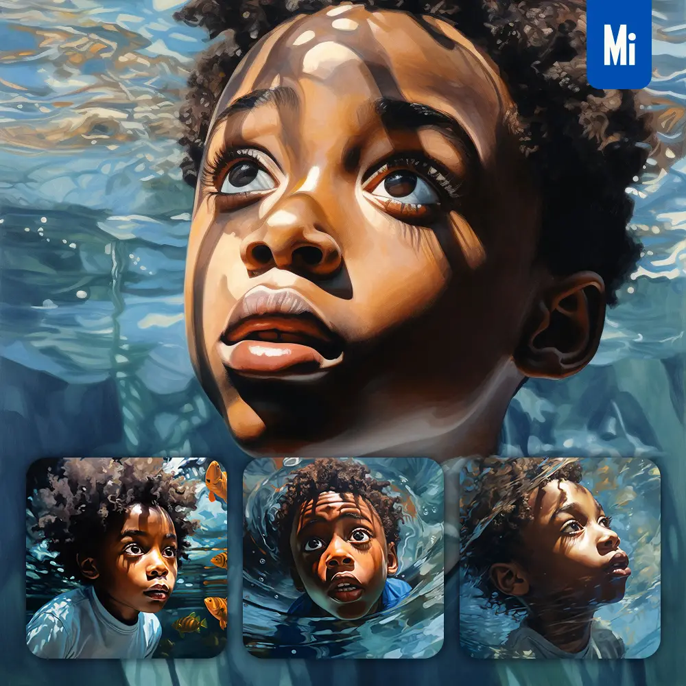 Midjourney Prompt Boy African Kids Children Diving Swimming Underwater Sea Face Oil Painting