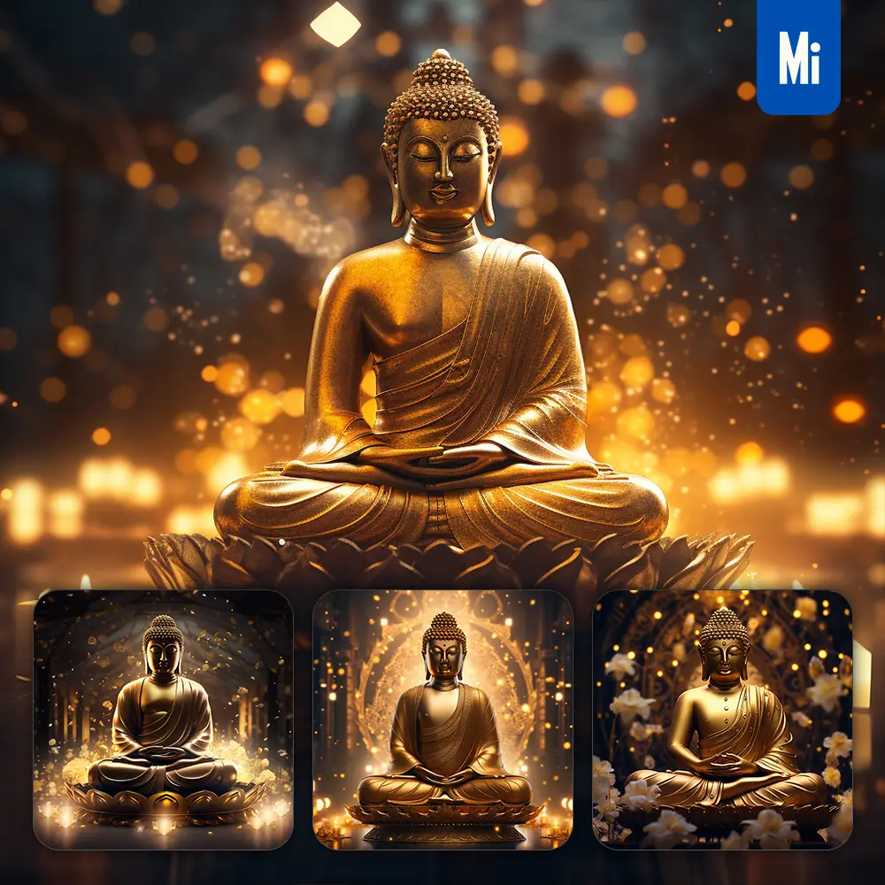 Midjourney Prompt Buddha Meditation Sit Light Golden Sparkling Lighting Material 3D