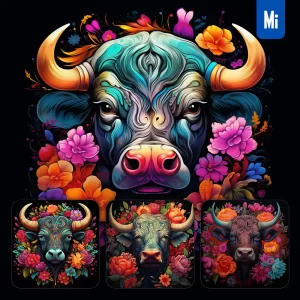 Midjourney Prompt Bull Cow Front Head Face Flowers Artist Colorful Painting Illustration Tattoo Pattern