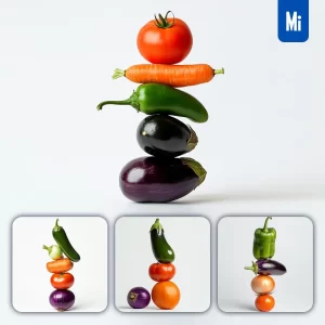 Midjourney Prompt Carrot Pepper Tomato Safflower Eggplant Onion Connected Vegetables Stack Photography