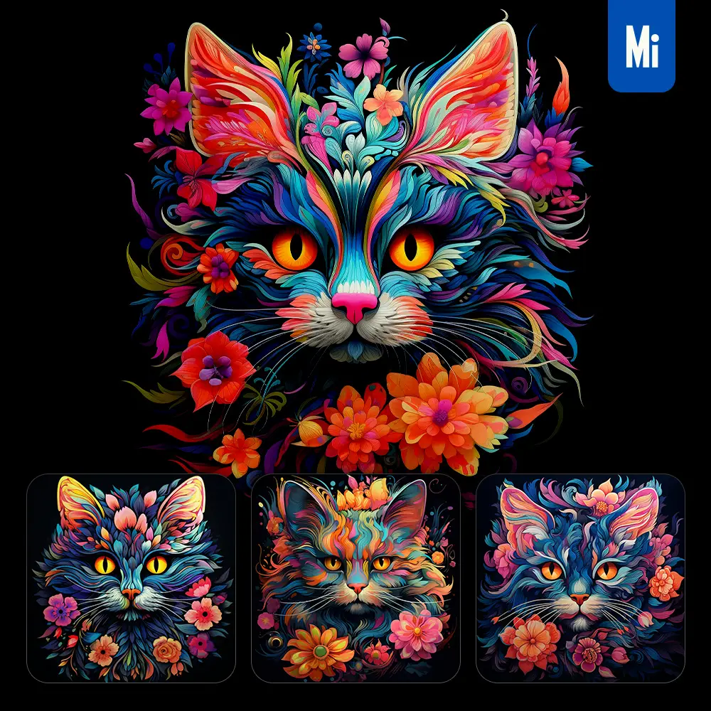 Midjourney Prompt Cat Flowers Head Face Artist Neon Colorful Painting Illustration