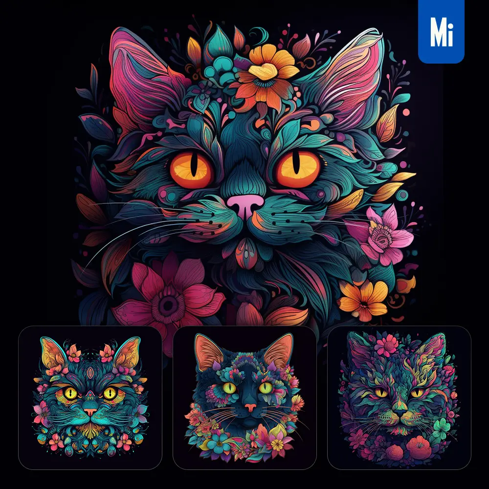 Midjourney Prompt Cat Front Head Face Flowers Artist Colorful Painting Illustration