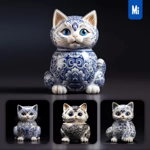 Midjourney Prompt Cat Porcelain Blue Animals Chinese China Pattern 3D