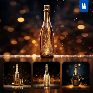 Midjourney Prompt Champagne Bubbly Bottle Light Golden Sparkling Lighting Material 3D