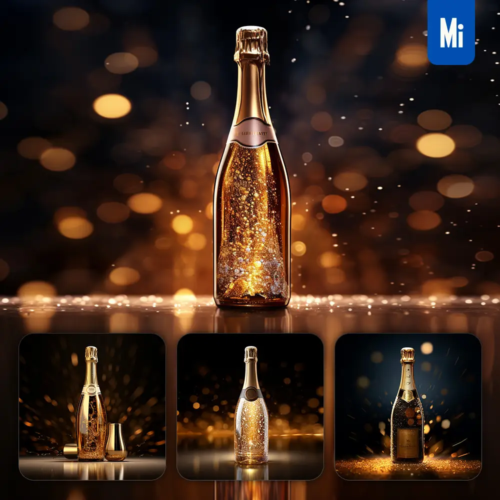 Midjourney Prompt Champagne Bubbly Bottle Light Golden Sparkling Lighting Material 3D