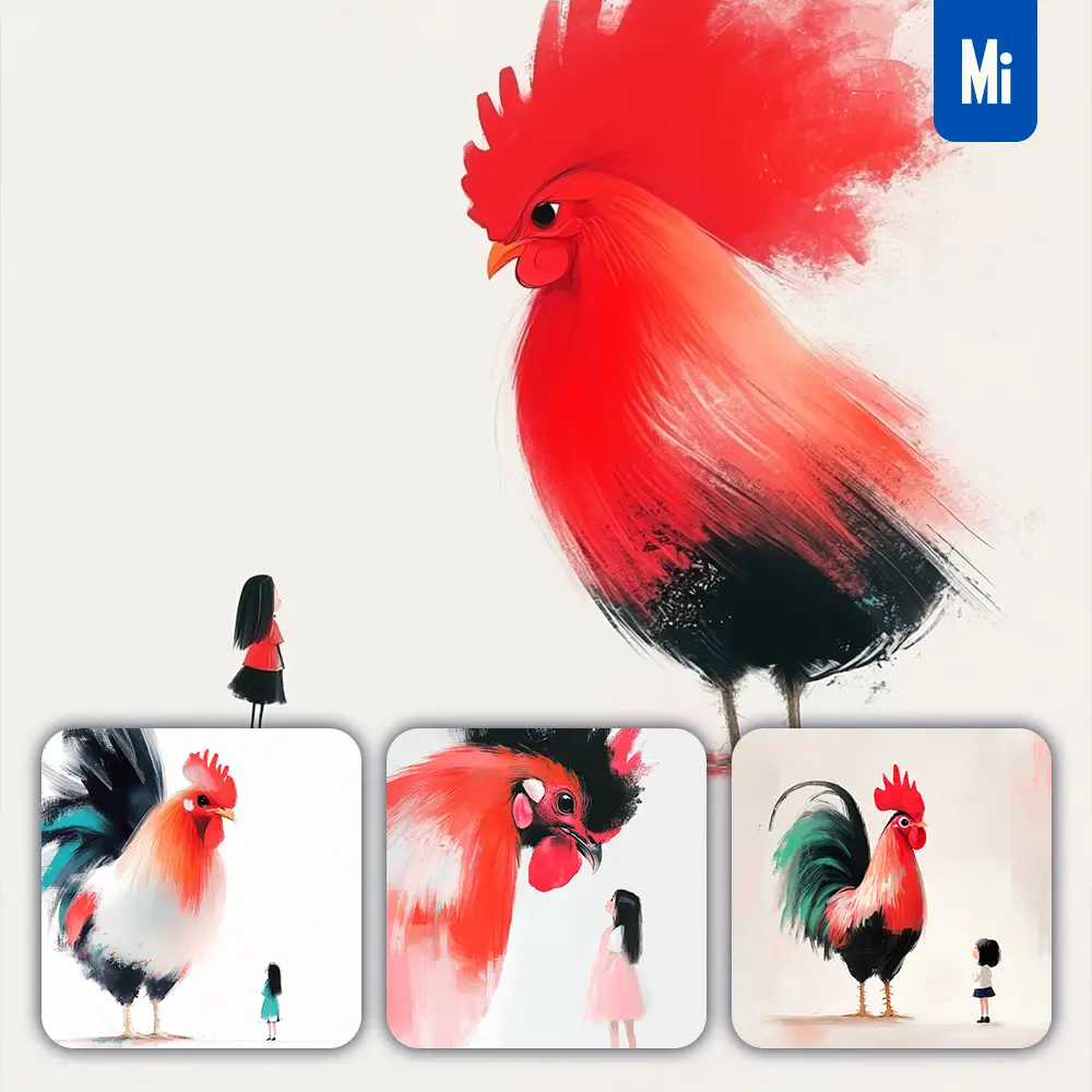 Midjourney Prompt Chicken Rooster Girl Colorful Ink Painting Cute Illustration