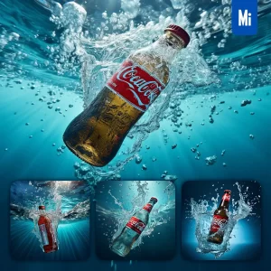 Midjourney Prompt Coke Bottle Underwater Splash Water Spray Photography