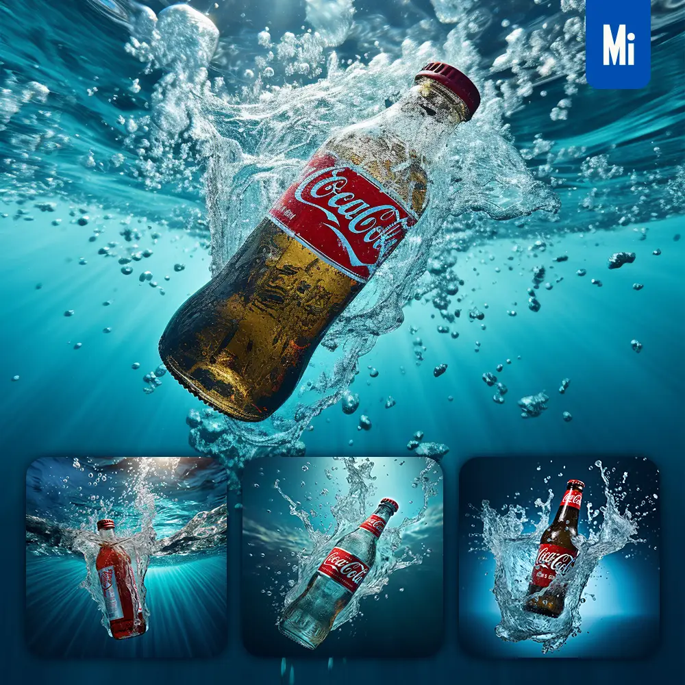Midjourney Prompt Coke Bottle Underwater Splash Water Spray Photography