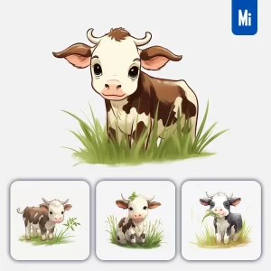 Midjourney Prompt Cow Grass Cartoon Illustration Drawing
