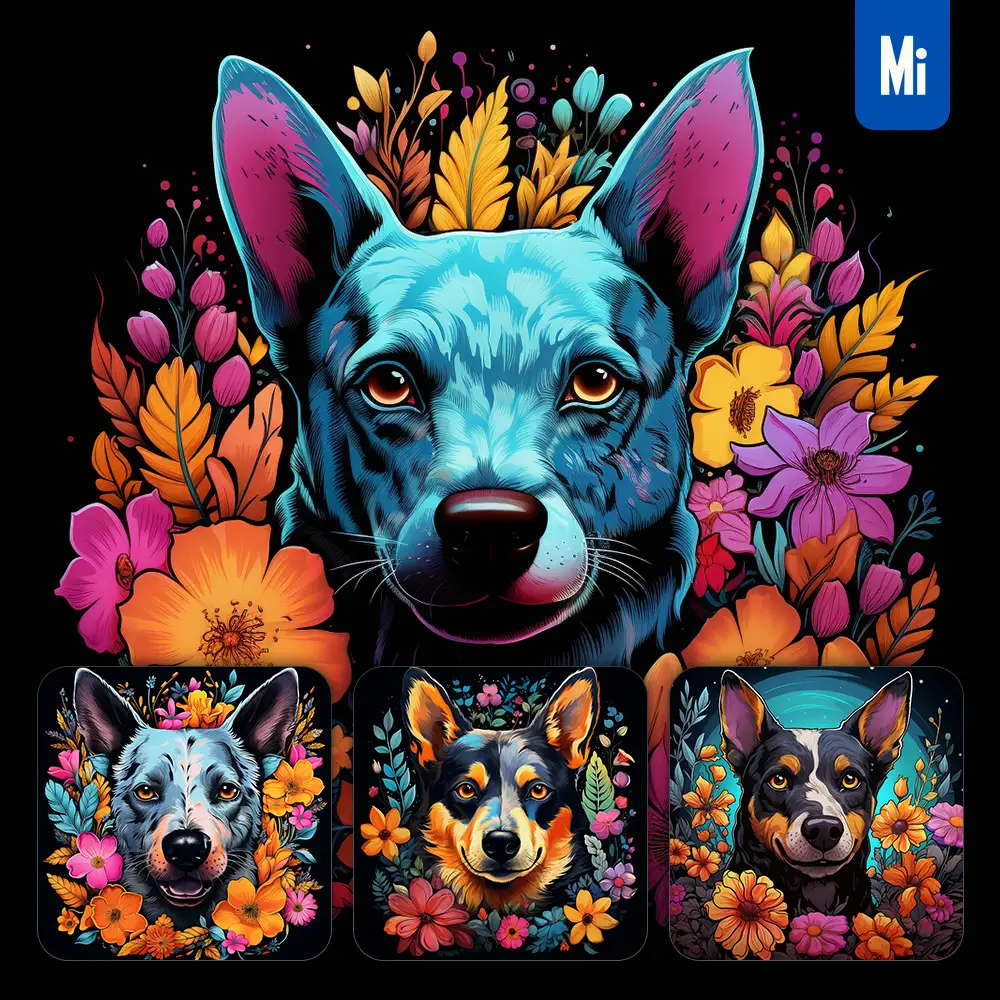 Midjourney Prompt Cattle Dog Front Head Face Flowers Artist Colorful Painting Illustration Tattoo Pattern