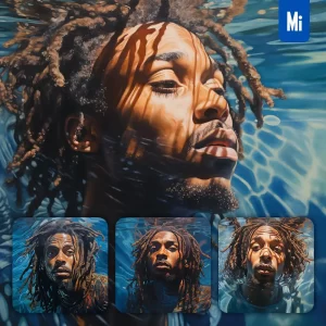 Midjourney Prompt Dreadlocks African Boy Man Diving Swimming Underwater Sea Face Oil Painting