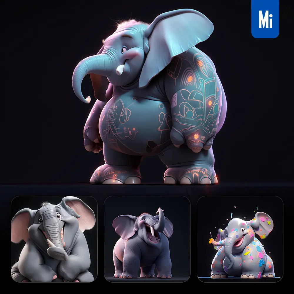 Midjourney Prompt Elephant Fat Cute 3D Cartoon IP Character C4D Animation