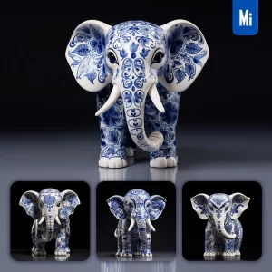 Midjourney Prompt Elephant Porcelain Blue Animals Chinese China Pattern 3D