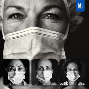 Midjourney Prompt Female Doctor Mask Woman Lady Face Head Portrait Black and White Photography
